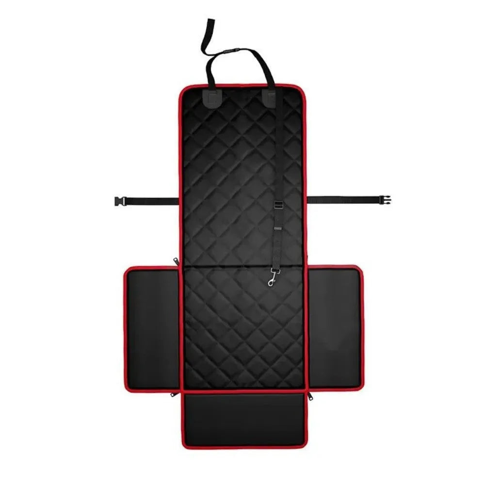 Large black dog car front seat pad with non-slip base on a car seat
