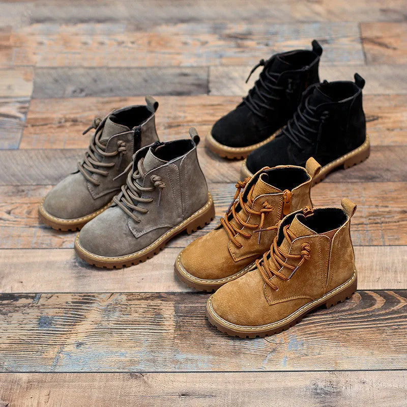 Black children's single boots with sheepskin upper and beef tendon sole, sizes 21-37, autumn footwear