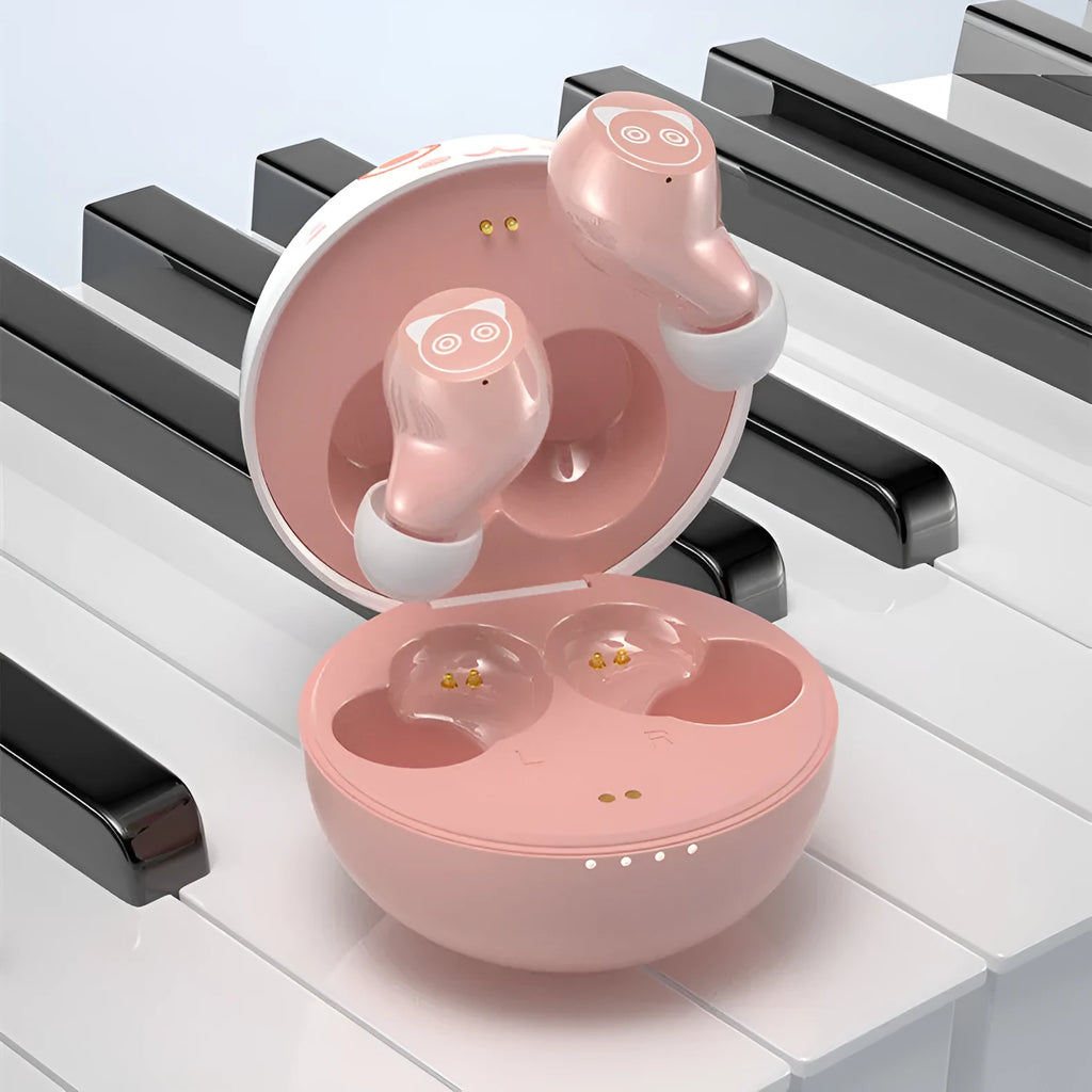 Pink wireless Bluetooth earbuds with earplug style and battery display, flat view on white background
