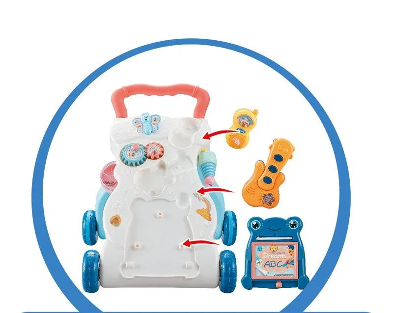 Multi-functional musical walker trolley with anti-rollover design and water tank for baby walking practice