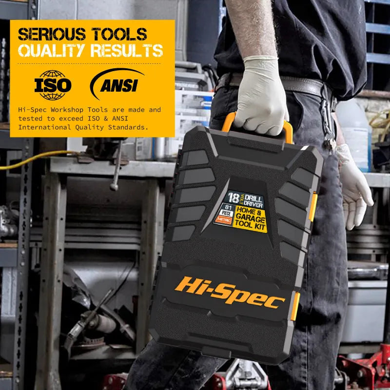 Grey yellow US style tool kit case open to show 82 chrome-vanadium steel tools for furniture installation.