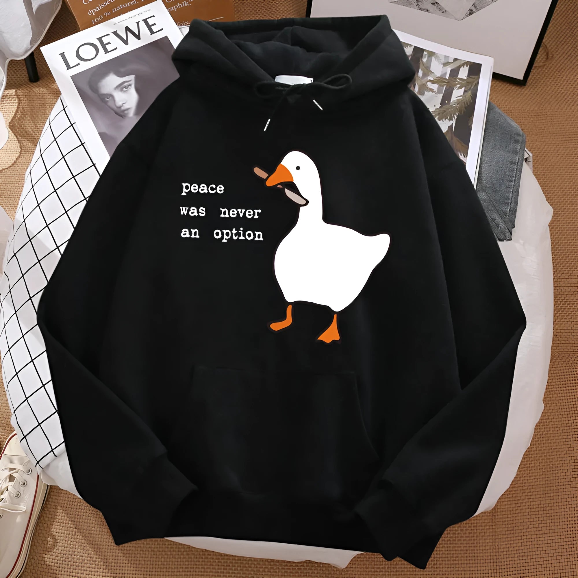 Print sweatshirt street loose hoodie for men with cartoon pattern, polyester pullover, long sleeve, available in multiple colours