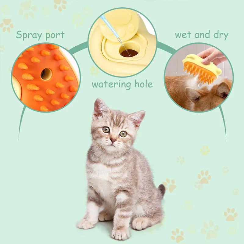 3-in-1 steamy cat brush with self-cleaning steam function and ergonomic handle for pet grooming