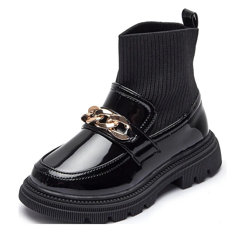 Children's knitted breathable elastic short boots sneakers in black with synthetic leather upper and rubber sole