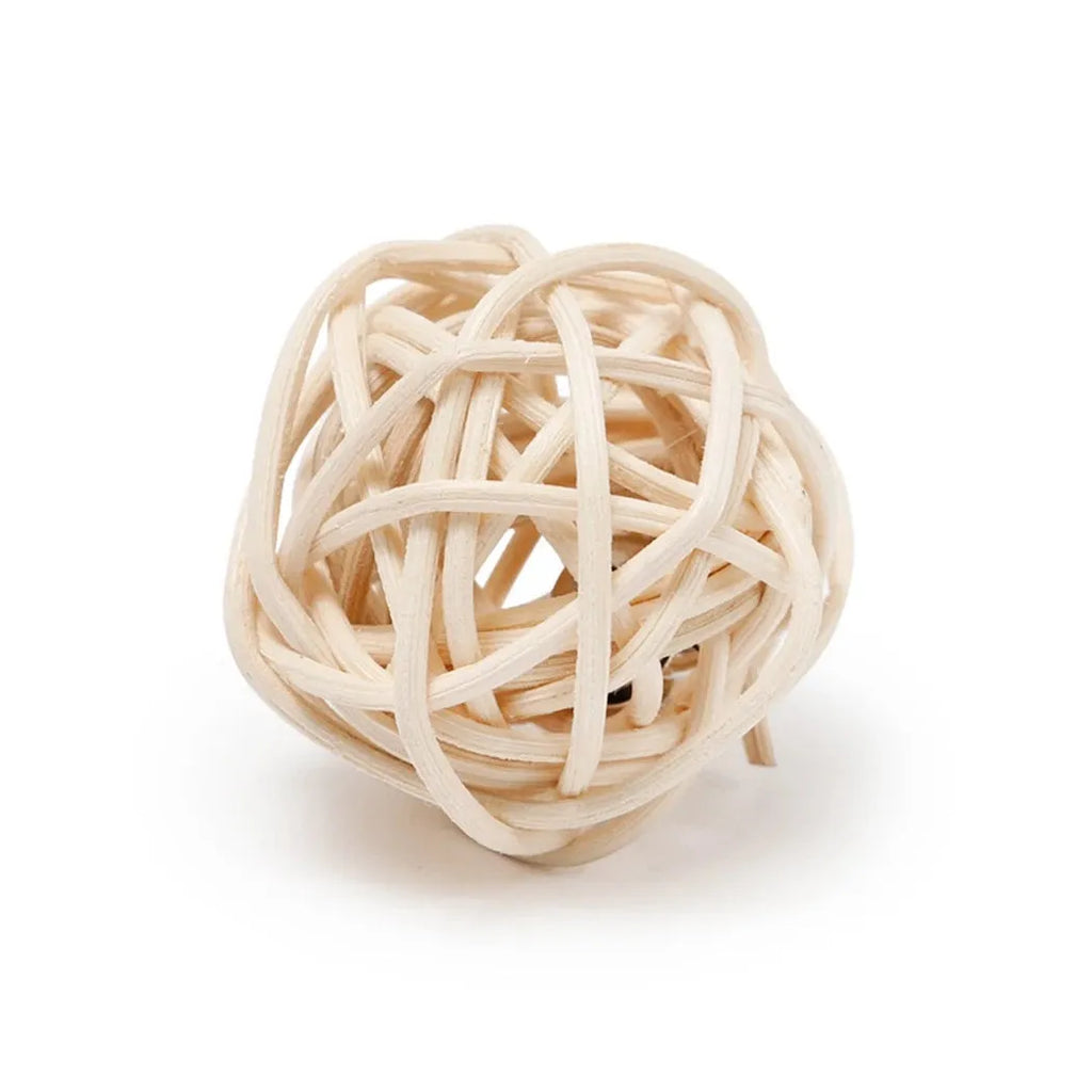 Two cat toys: rattan ball with bell and colourful faux feather ball for interactive play