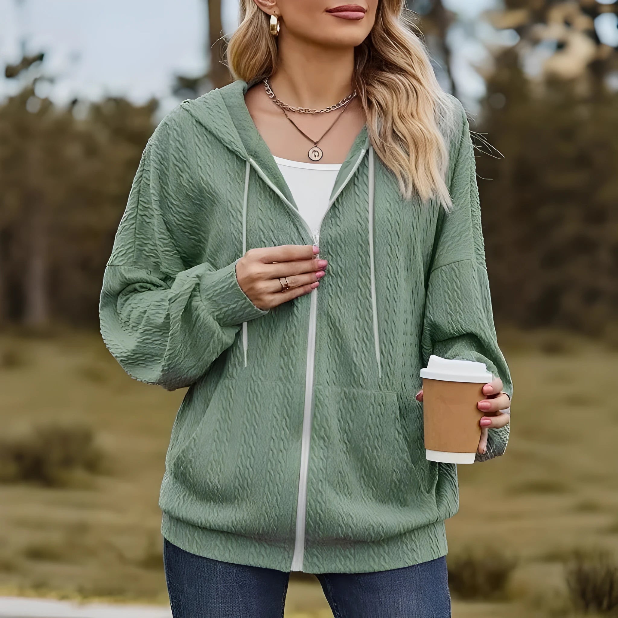 Green women's loose fit hooded sweater with full-length front zipper, long sleeves, and a casual style.