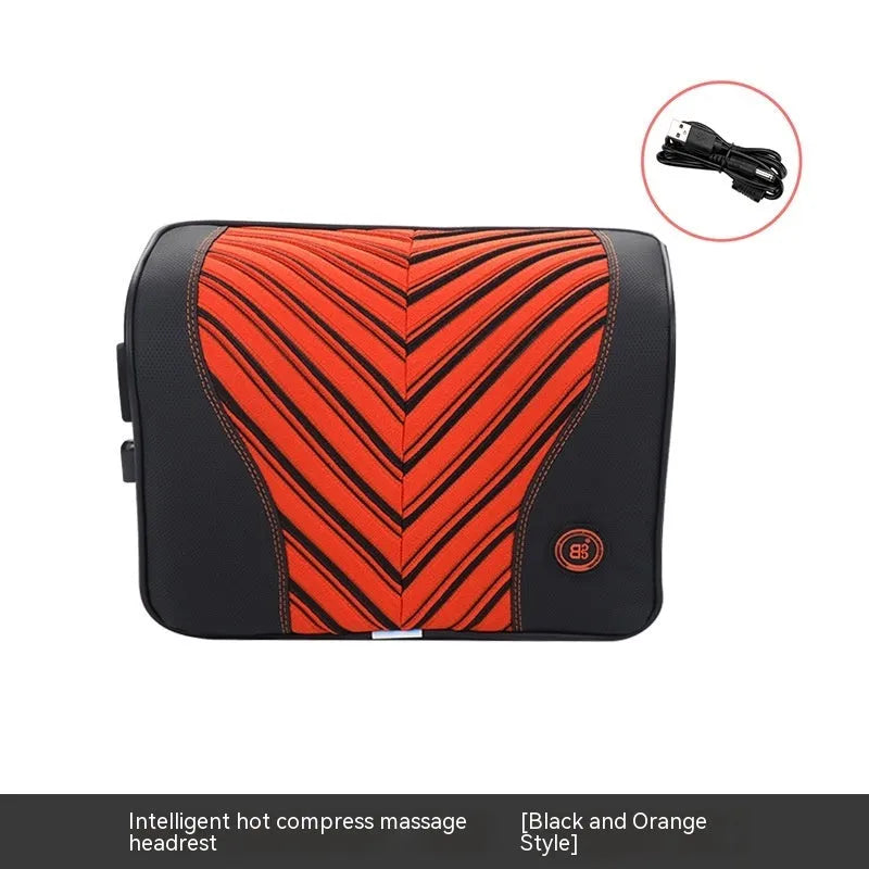 Car electric massage heating headrest and lumbar support cushion in black and orange colour