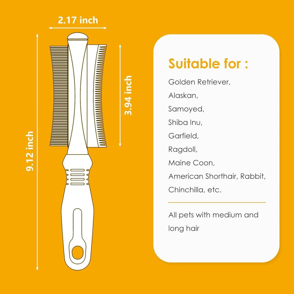 White double-sided dog and cat grooming brush with comb and deshedding head on a comfort-grip handle