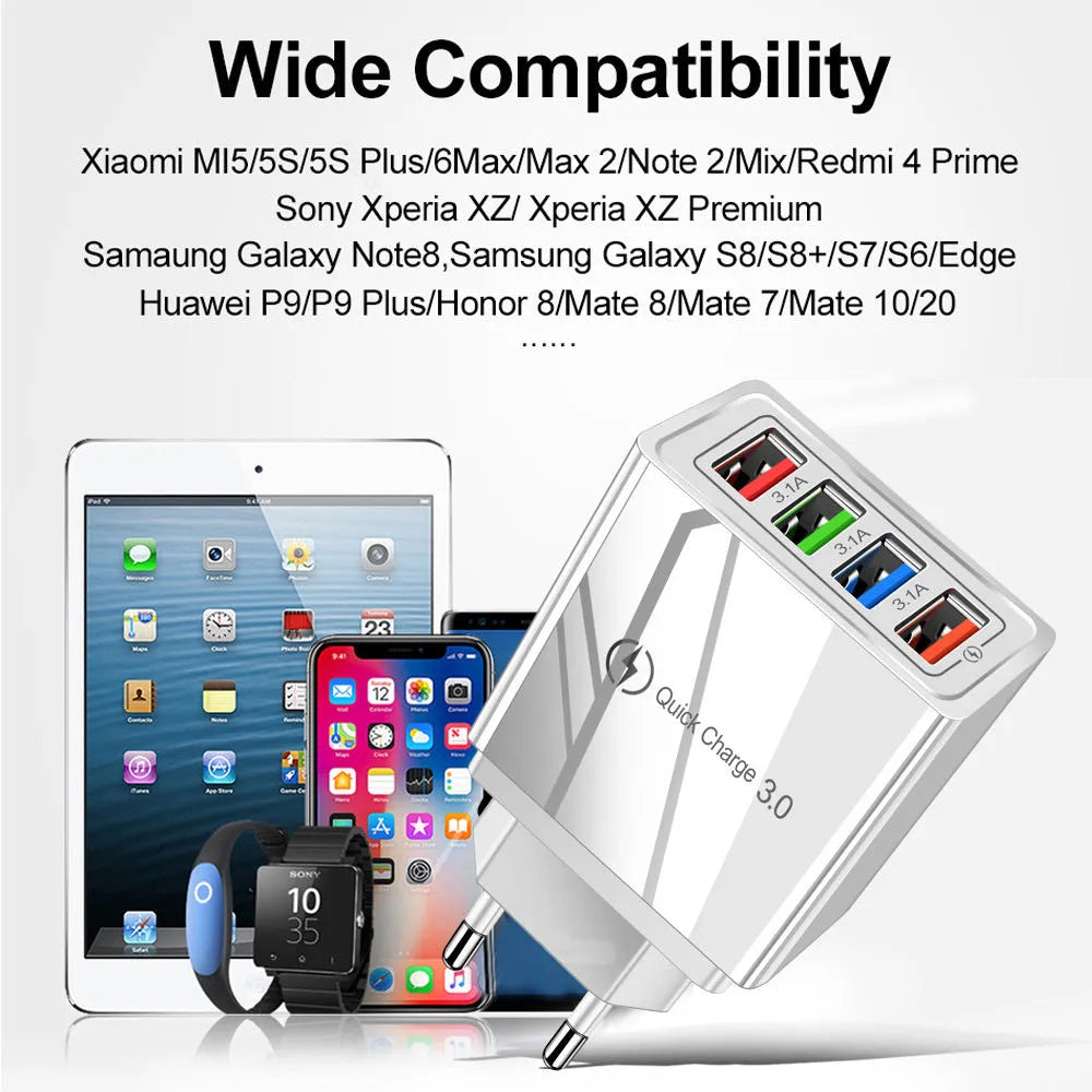 Multi-port USB charging head with four ports, available in black, white, blue, or red, with US flat feet plug shown.