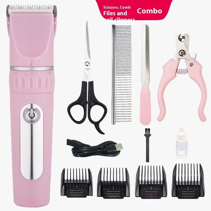 Multifunctional pet hair clipper suit in gun grey silver with two-speed brushed motor and cleaning brush