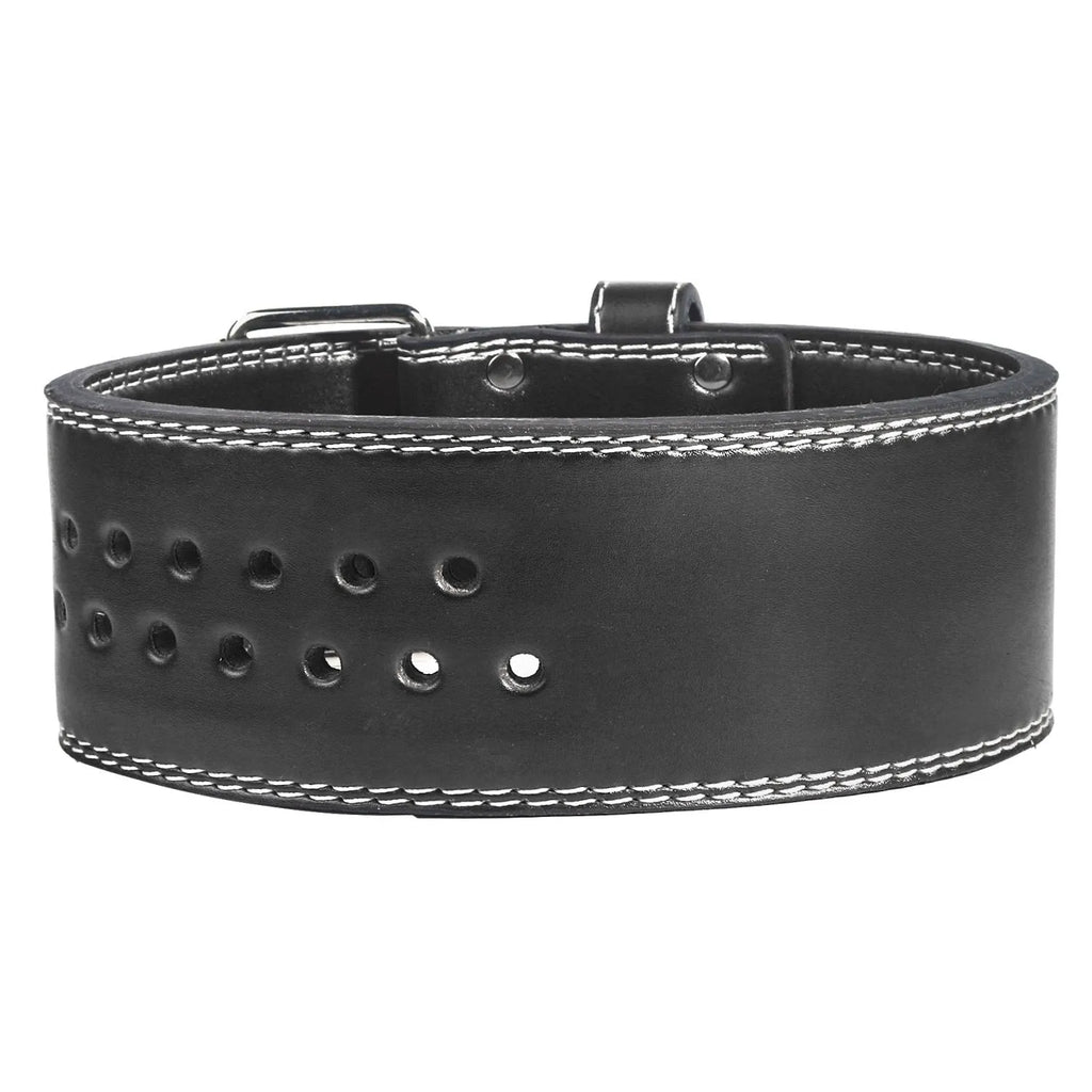 Black PU weightlifting belt with buckle, placed on gym floor for squat and deadlift training.