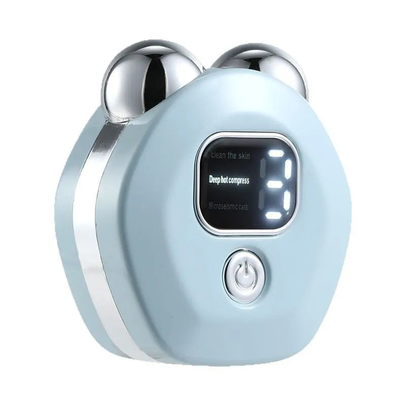 Portable hot compress facial massage instrument with micro current double-roller in light blue, pink, or white.