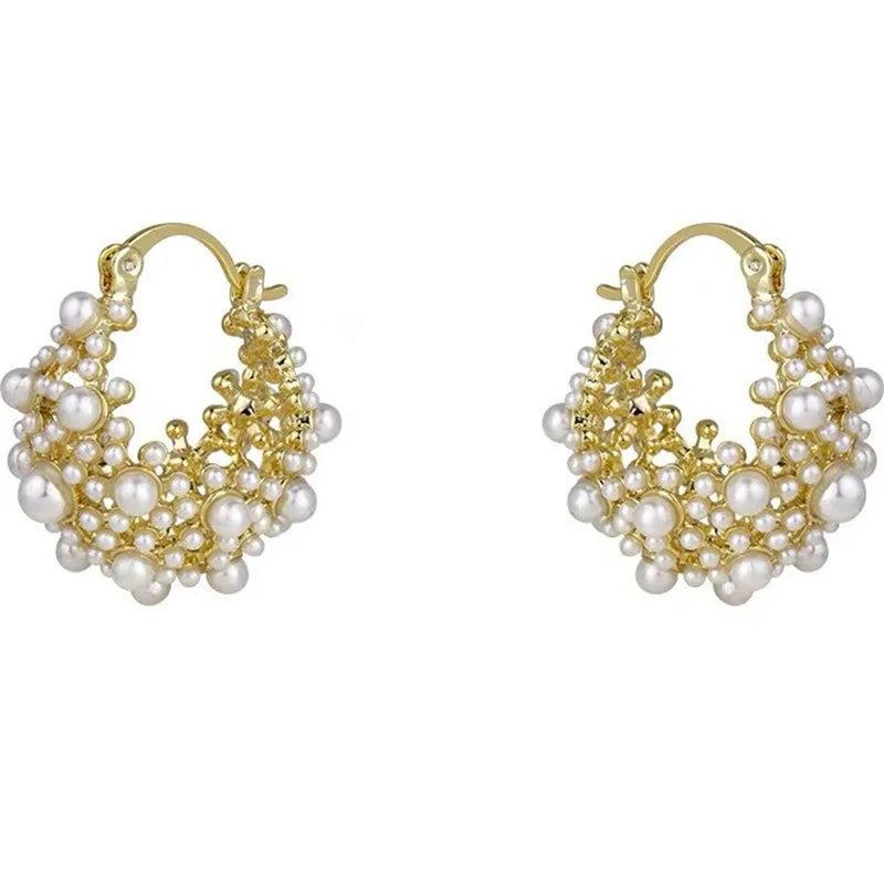 Gold-coloured copper flower basket earrings with small rice-shaped bead inlay for women