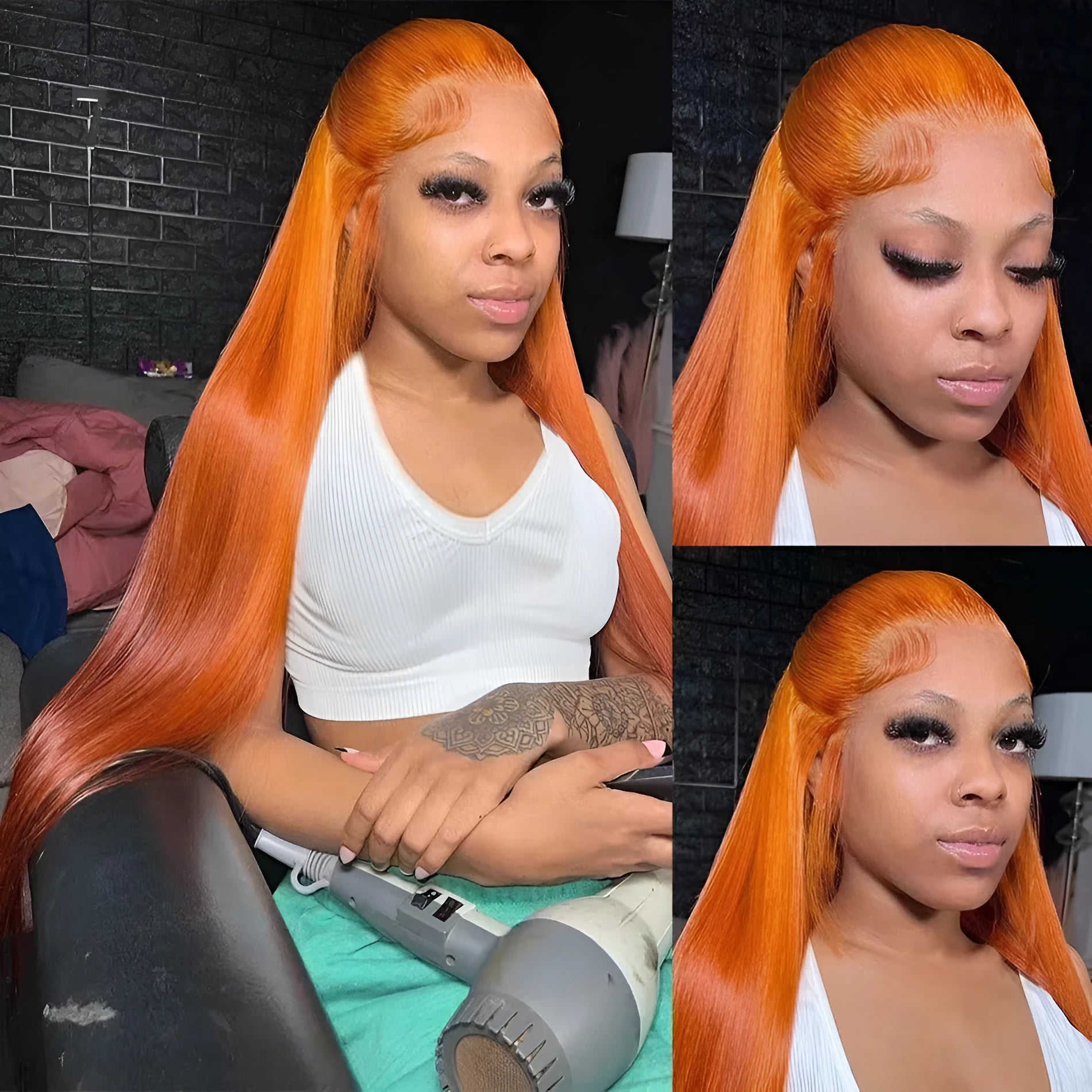 Front lace wig in orange with straight hair and side bangs, available in 12 to 32 inch lengths, high temperature fibre