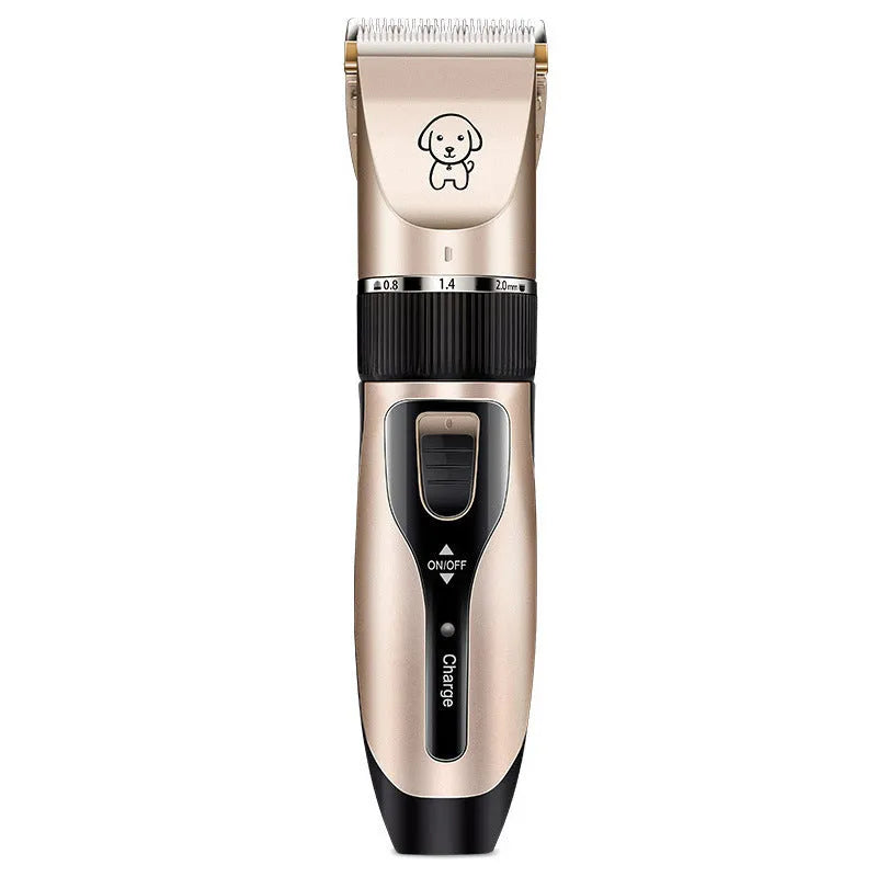 Dog shaver with titanium ceramic blade, 4 guide combs, charging cable, and accessories on white background