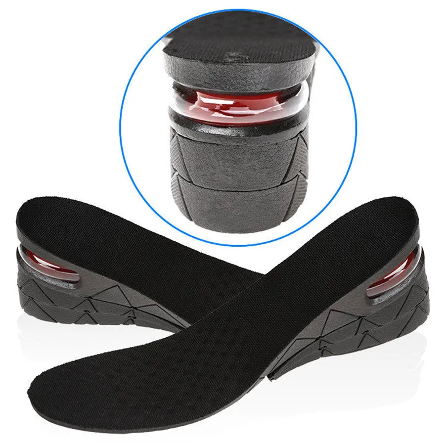 Black PVC height increase insoles with visible stacked layers, 27cm length, for men's shoe lifts