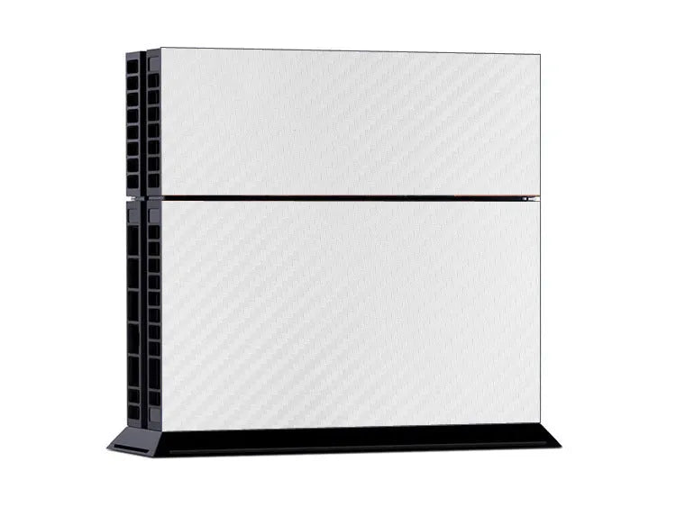 Carbon fibre pattern vinyl skin sticker for Sony PS4 console and controller on a black background.