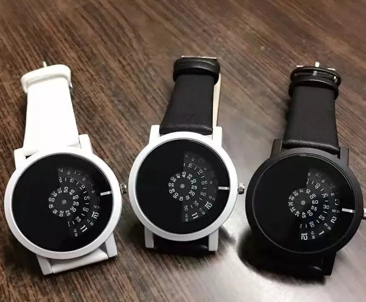 Quartz watch with turntable dial, imitation leather strap, black white colour, 39.5mm diameter