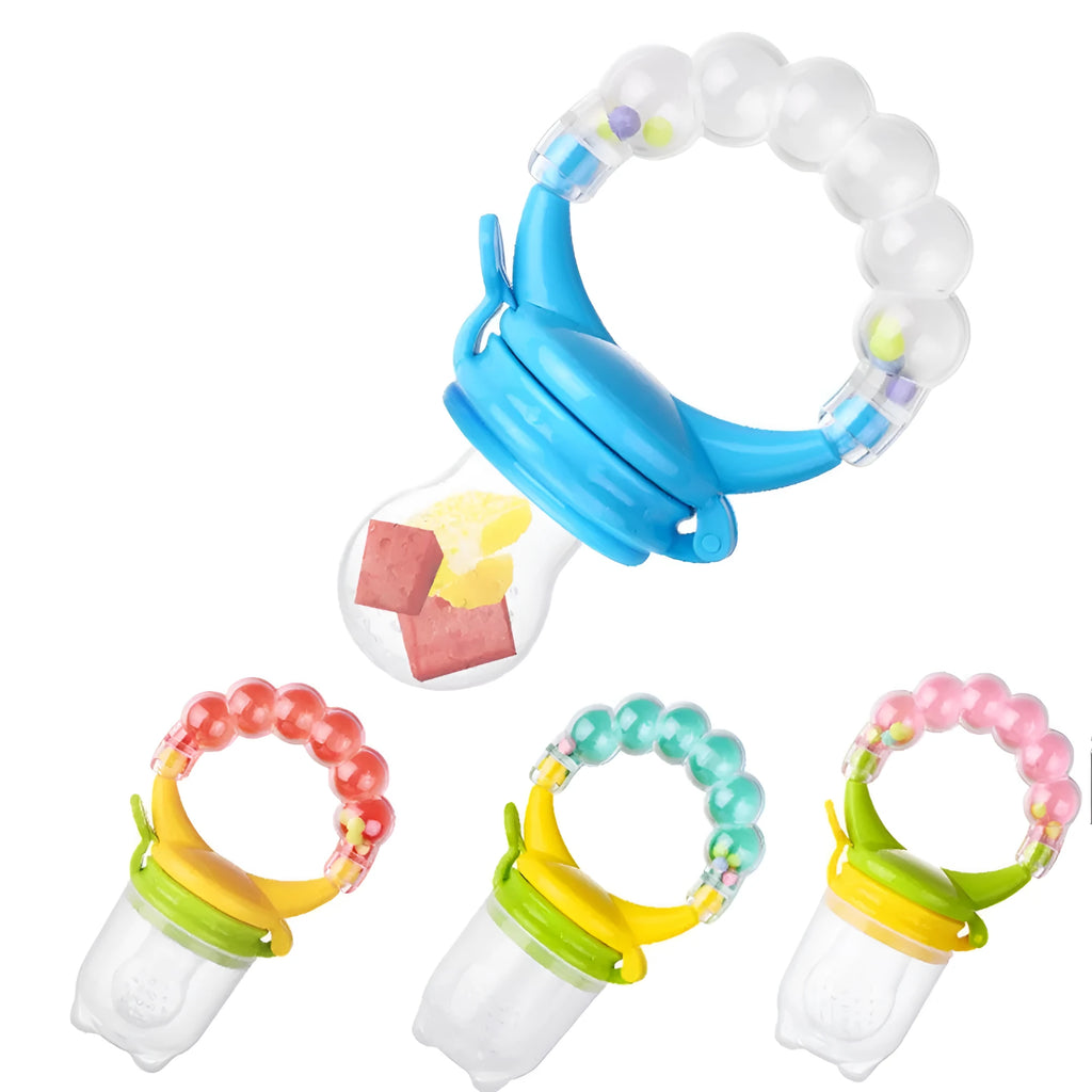 Baby fruit feeder with silicone mesh bag in blue and green colours on white background