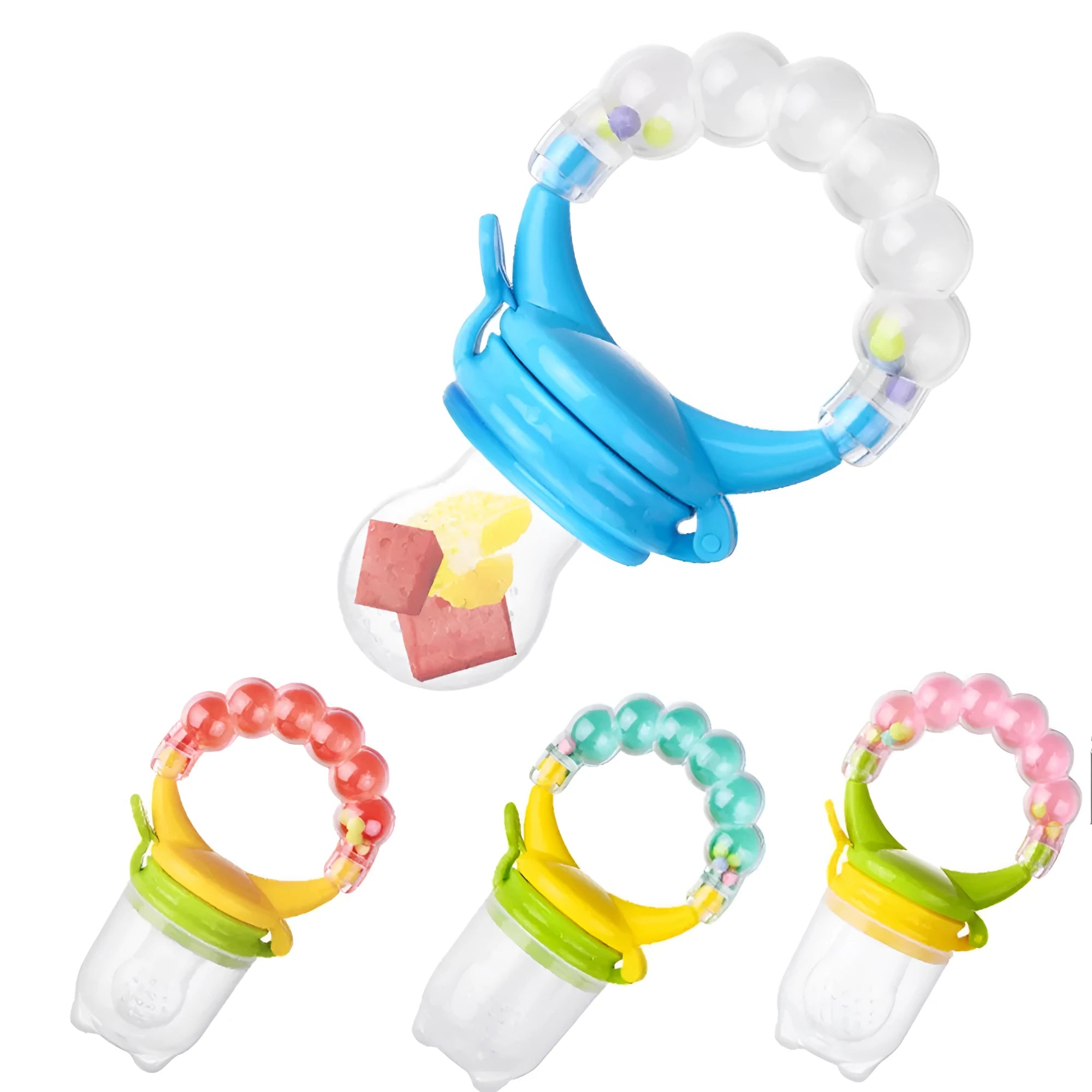 Baby fruit feeder with silicone mesh bag in blue and green colours on white background