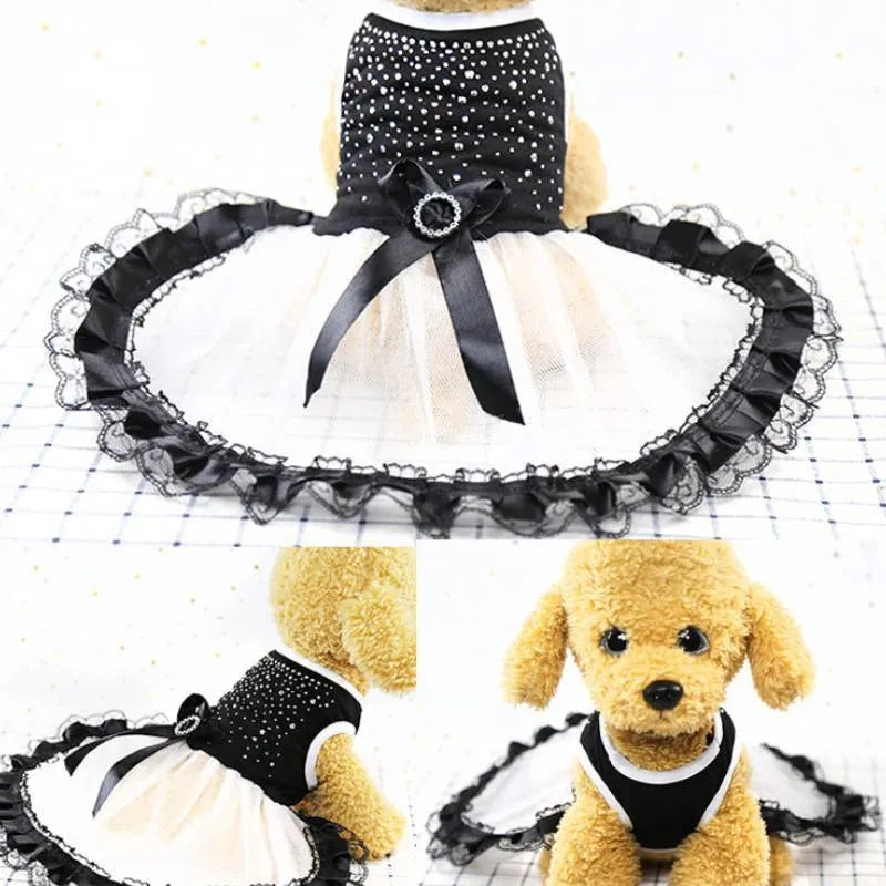 Black spring summer dog clothing in vinylon, sizes XS to L, with bust and back length size chart