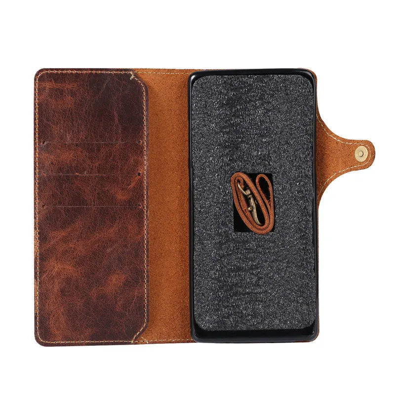 Handmade vintage leather clamshell phone case for Samsung Note9 with bracket and card slots