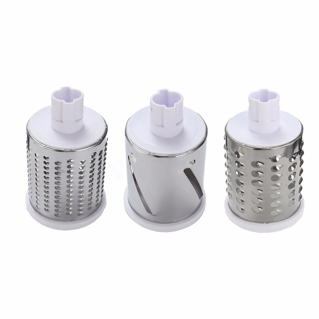 Round mandoline vegetable cutter with three stainless steel drum blades and sucker base on a worktop