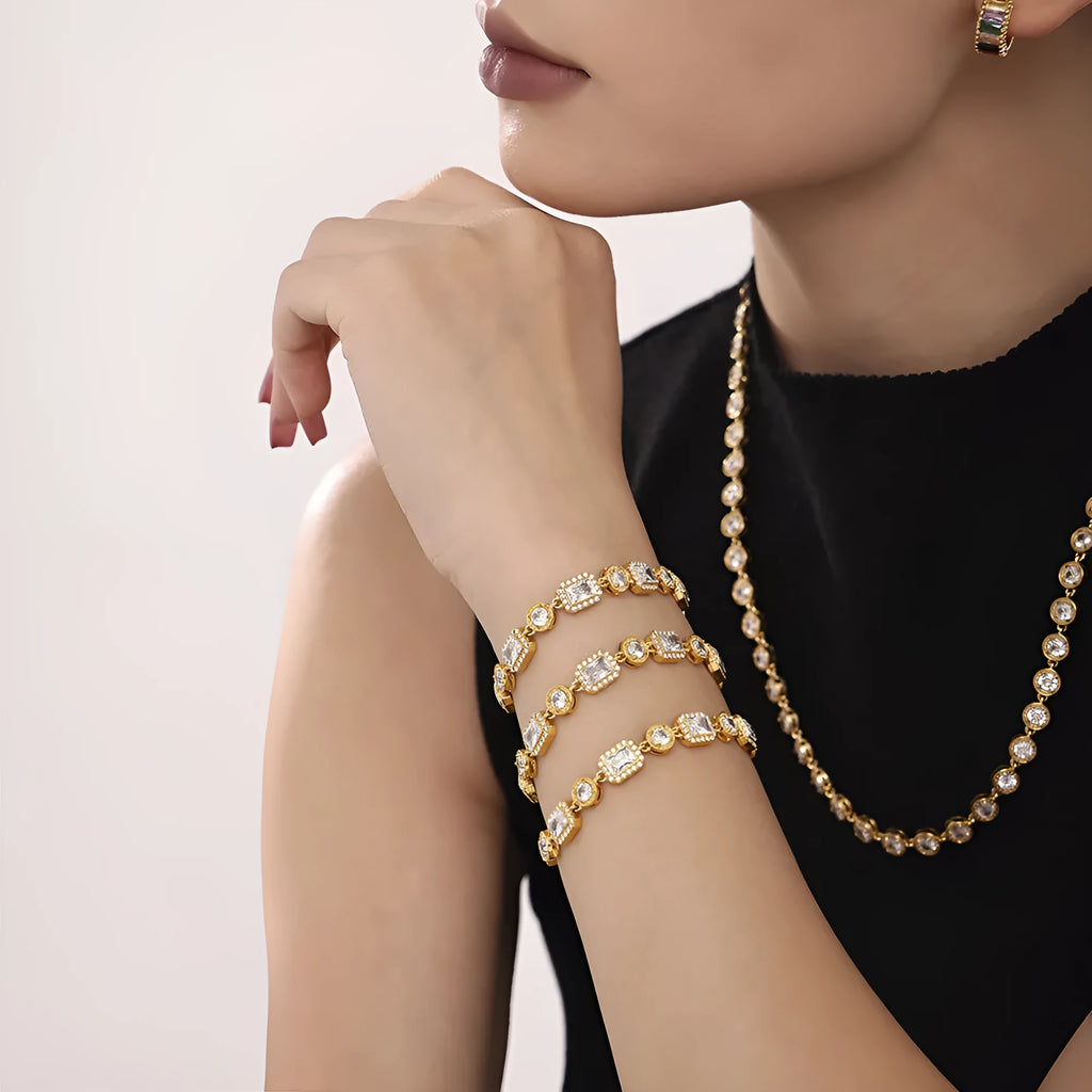 European American fashion titanium steel bracelet with square inlaid zircon rhinestones, geometric design, gold colour finish