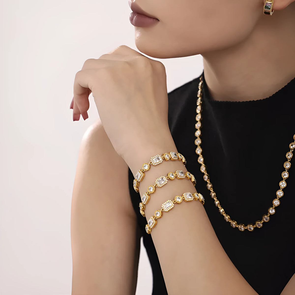 European American fashion titanium steel bracelet with square inlaid zircon rhinestones, geometric design, gold colour finish