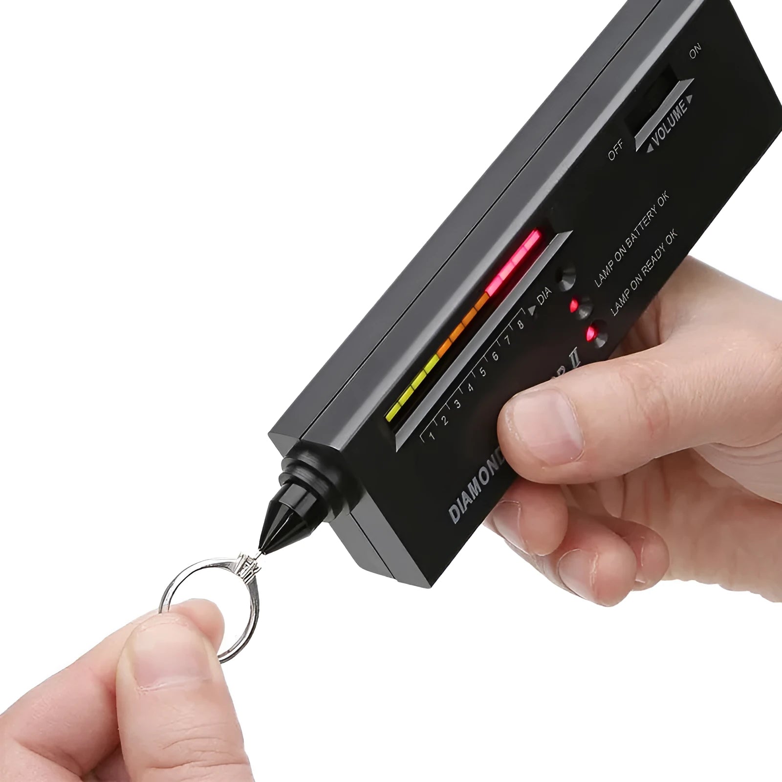 Second generation portable diamond thermal conductivity tester with metal probe on black background