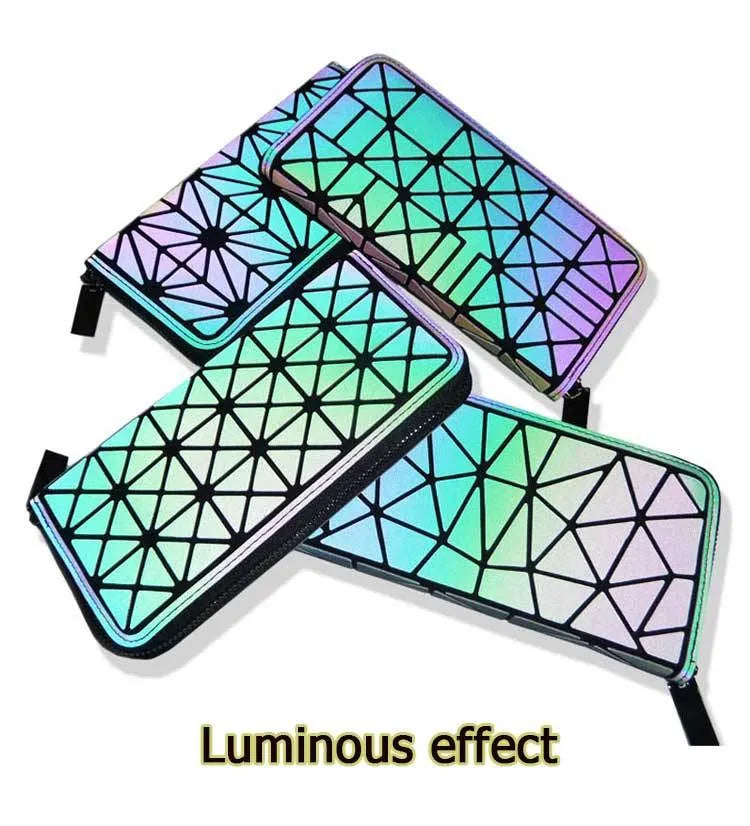 Women's long geometric PU wallet with luminous zipper, 20cm x 10cm x 2cm, open to show card slots and coin pocket.