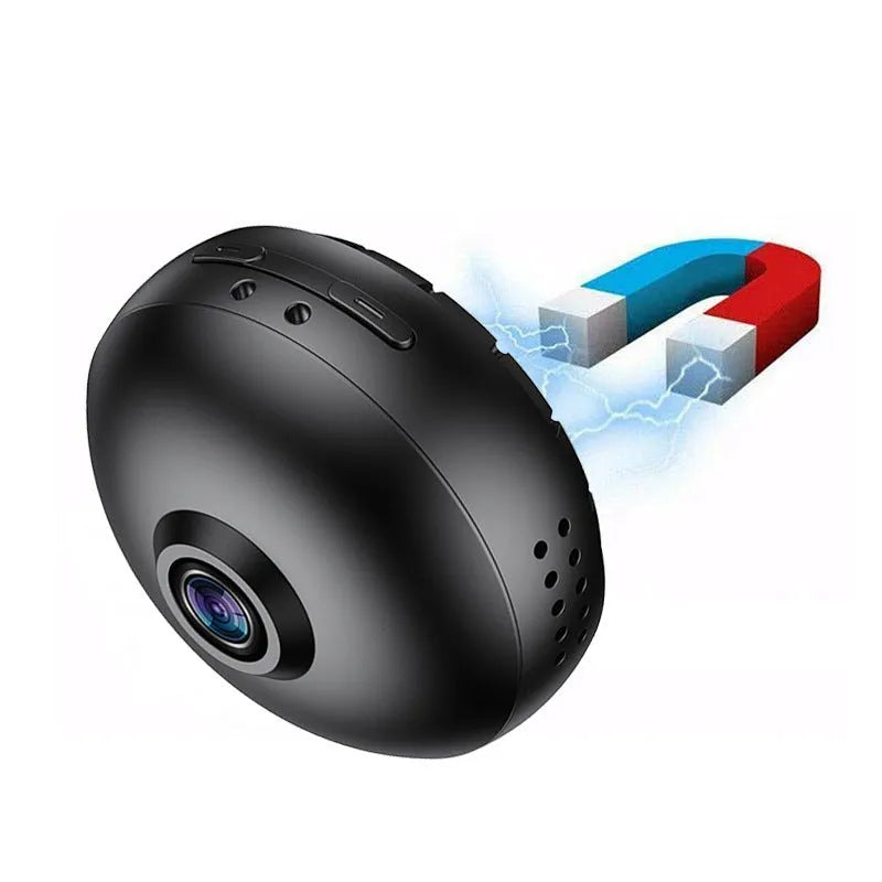 1080p wireless WiFi security camera with ABS housing and USB cable on a white background.