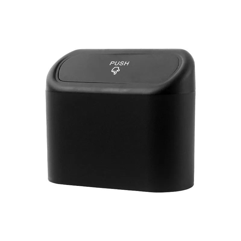 Black folding car trash bin with waterproof plastic construction for vehicle seat mounting