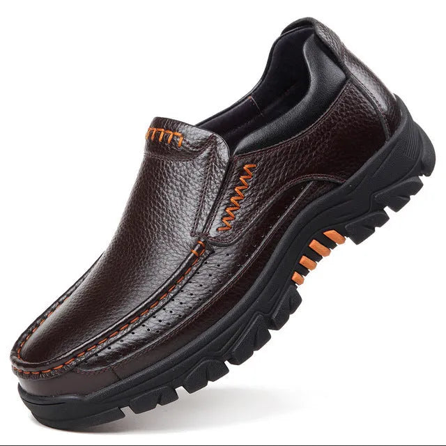 Men's black and brown cowhide leather business casual slip-on shoes with rubber sole