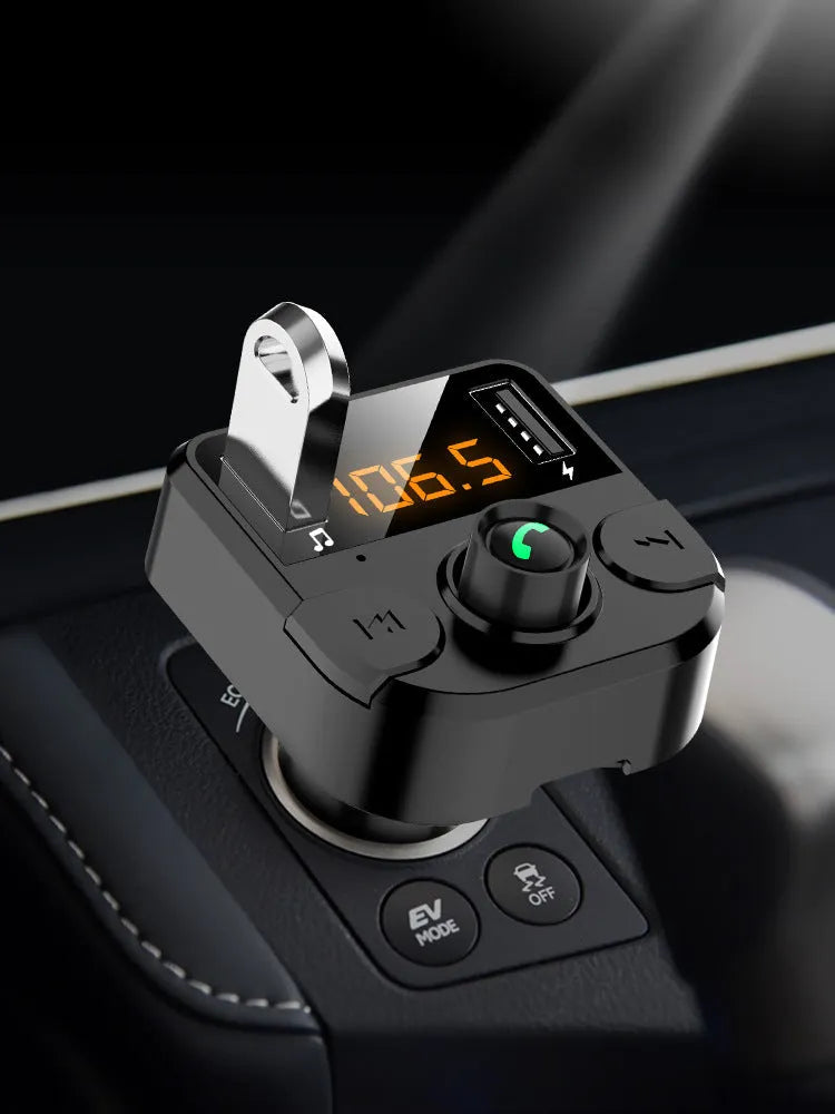 BT36B black car Bluetooth FM transmitter player with 1.1-inch screen plugged into a cigarette lighter.