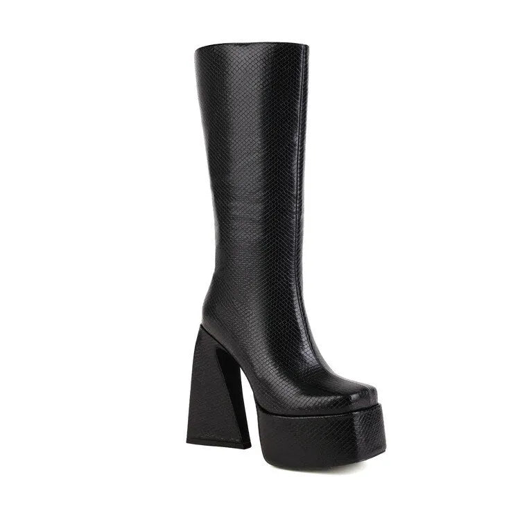 Women's black casual high boots with a PU upper, shown from the side.