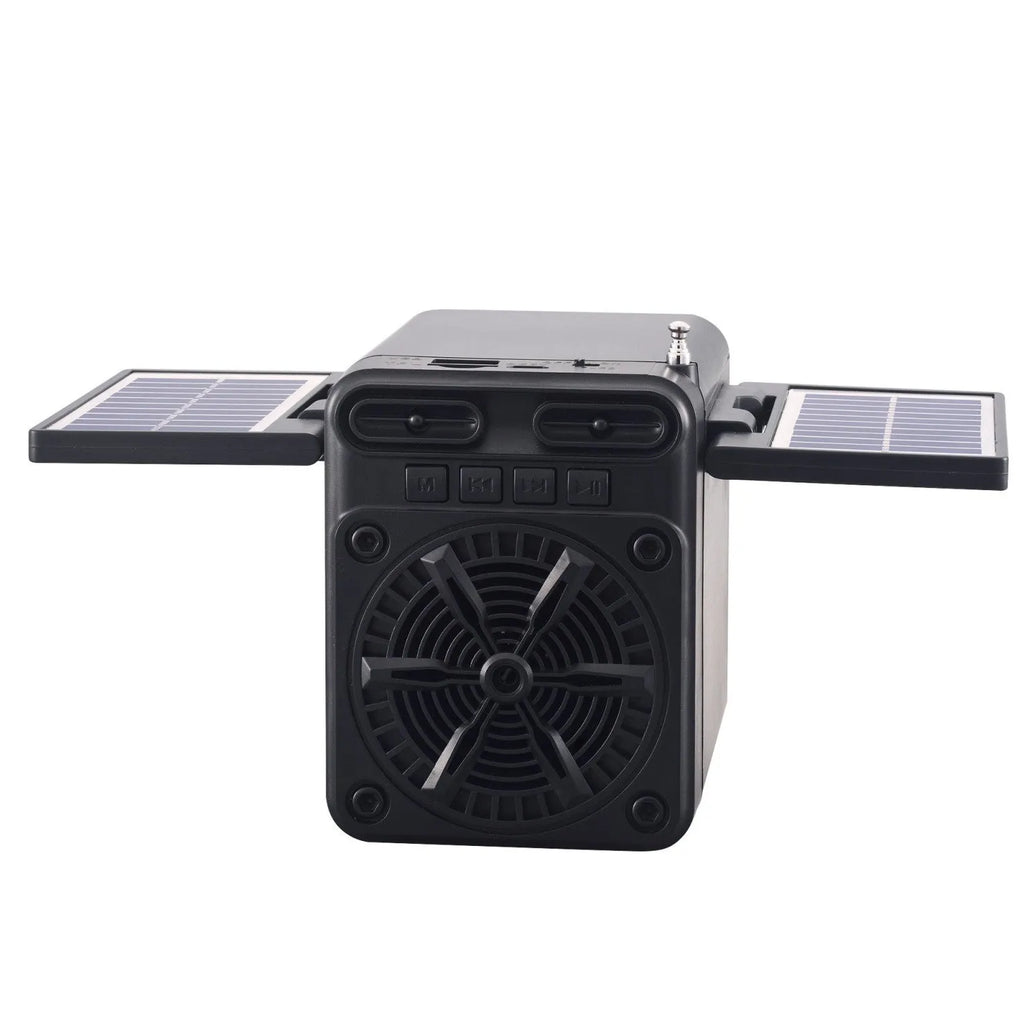 Black plastic solar emergency FM radio with USB charging port and built-in speaker, 10.5x11.5x9.5 cm