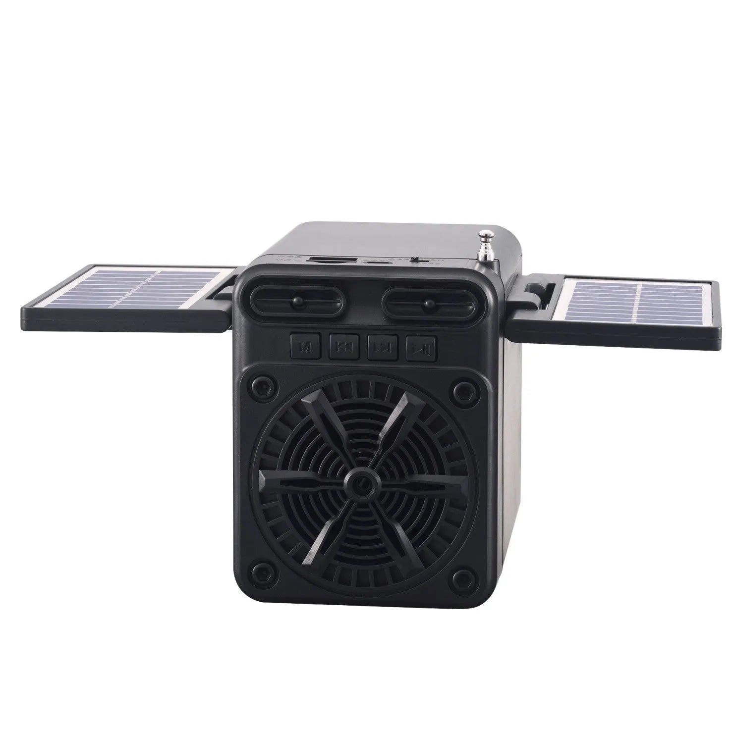 Black plastic solar emergency FM radio with USB charging port and built-in speaker, 10.5x11.5x9.5 cm