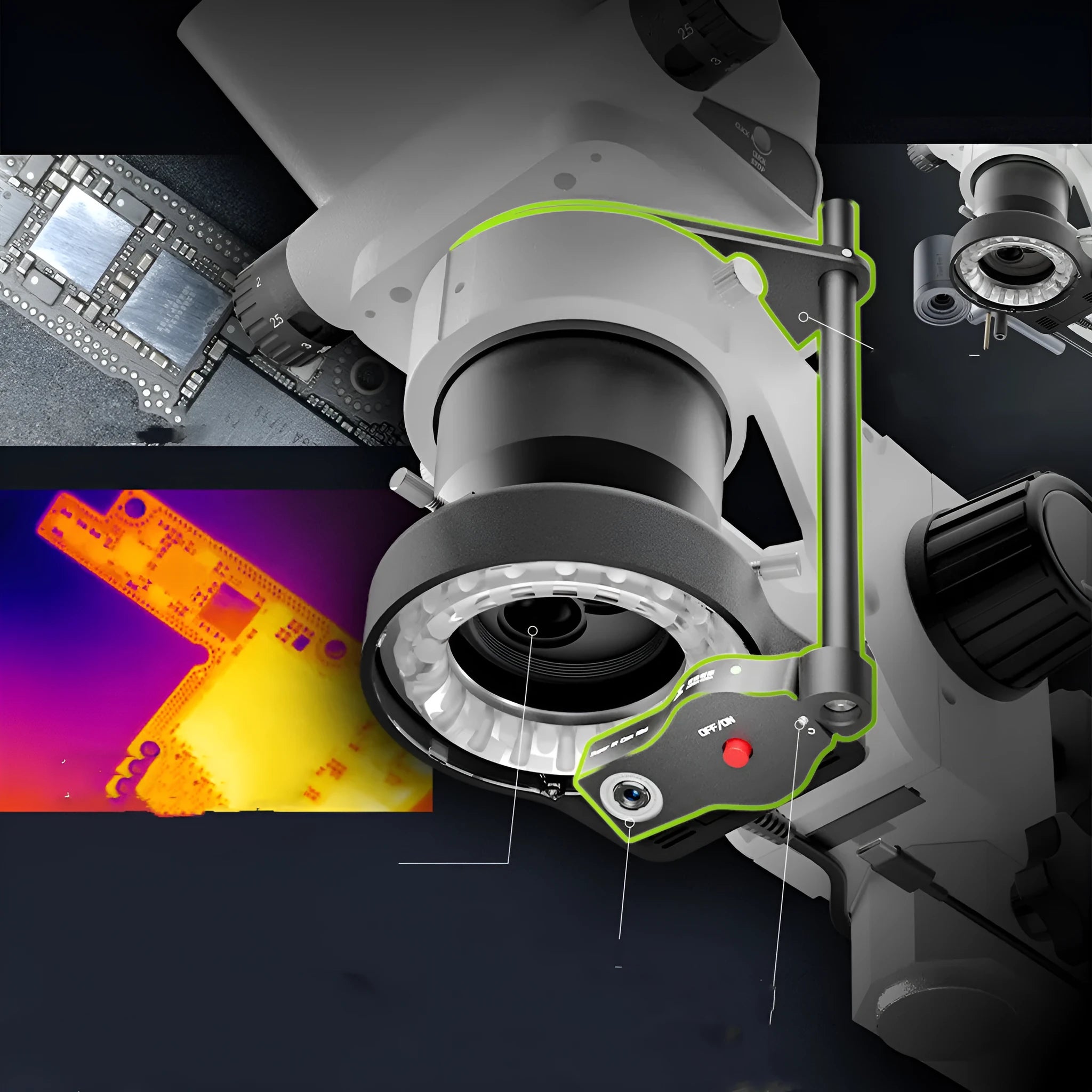 Baizao Mini thermal imaging device mounted on a microscope with adjustable arm and Type-C cable.