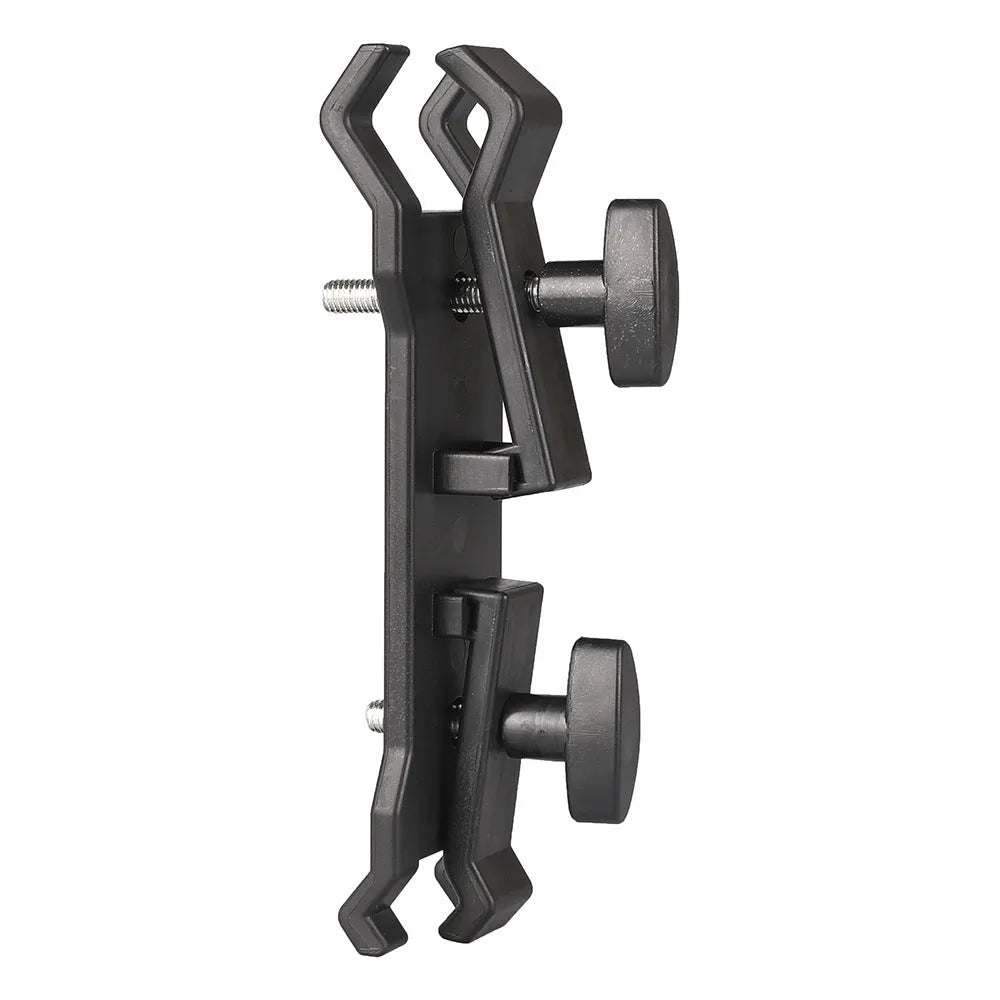 Black ABS plastic umbrella clip for attaching an iPhone to a tripod and umbrella pole.