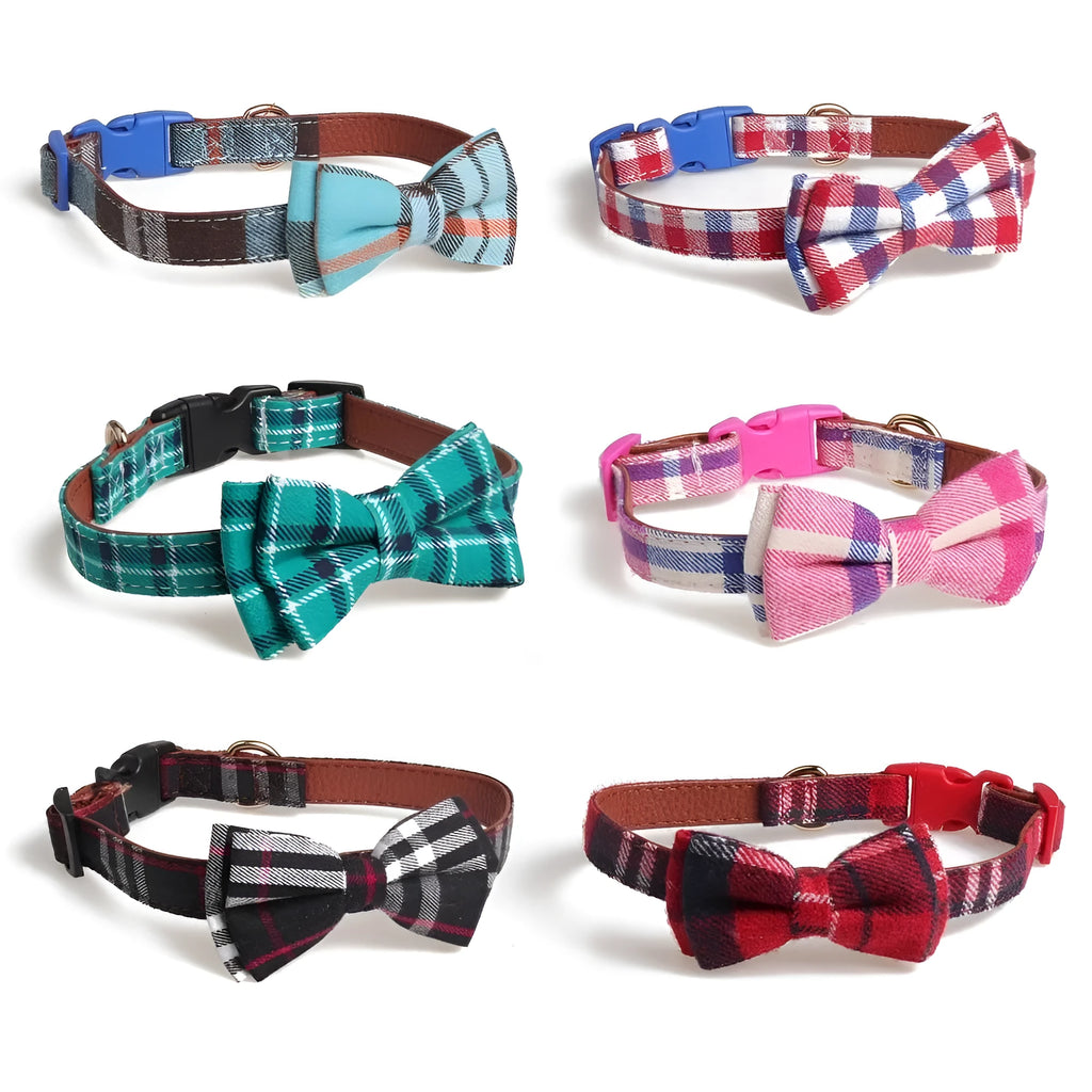 Adjustable bowknot traction collar in lattice pattern for dogs, available in multiple colours and sizes