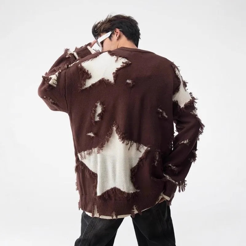 Loose hem irregular hole sweater men cotton blend long sleeve daily wear black brown gray sizes M-3XL