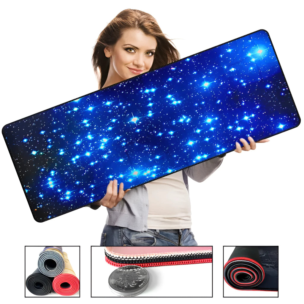 Blue star mouse pad with high-density fabric surface and anti-skid rubber base on a desk