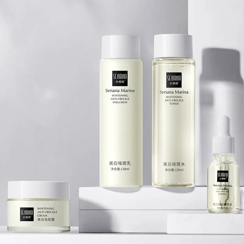 Whitening and freckle removing skin care kit with hydrating moisturising brightening products in Gold Luxury packaging