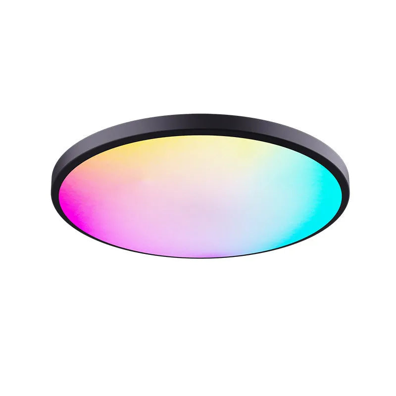 Black RGBCW Bluetooth smart ceiling lamp with round shape and remote control on a white background.