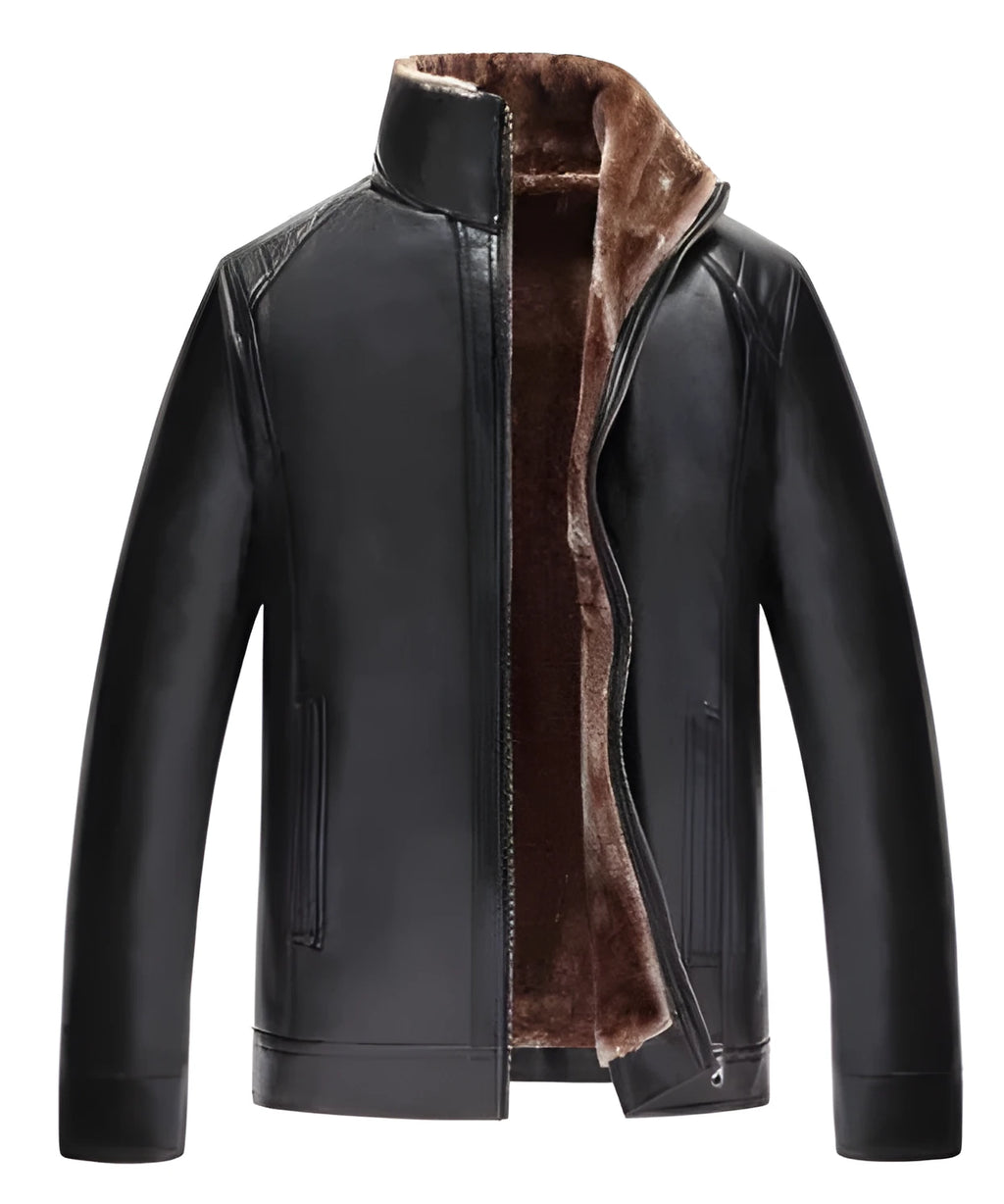 Men's winter PU leather biker jacket in black with visible zipper and stand collar, shown on a hanger.