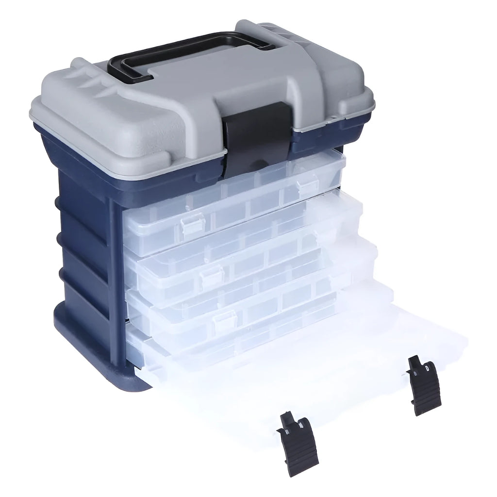 Portable lure fishing box open showing four inner boxes and main compartment with lid