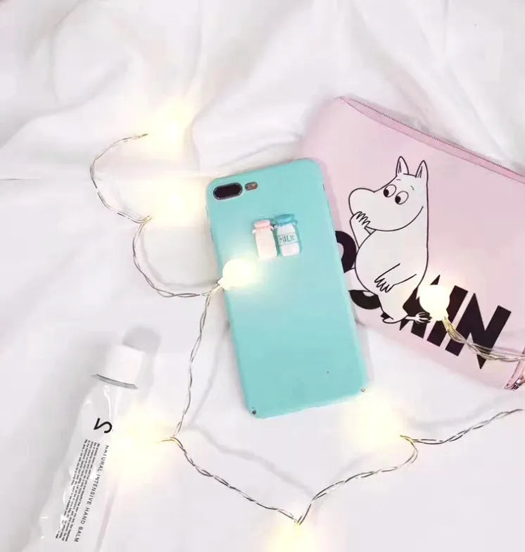 Frosted phone case with 3D milk bottle and coffee cup figures in turquoise or light pink for iPhone