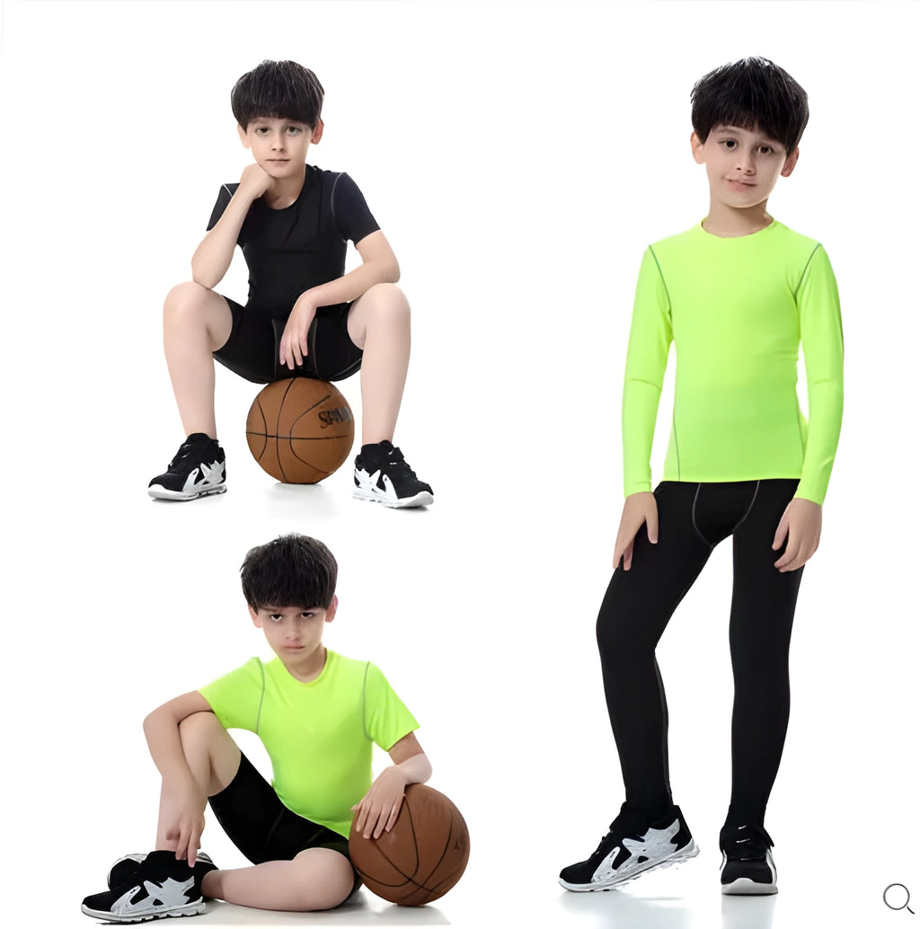Children's black and green sportswear set showing T-shirt, trousers, and shorts on a size chart.