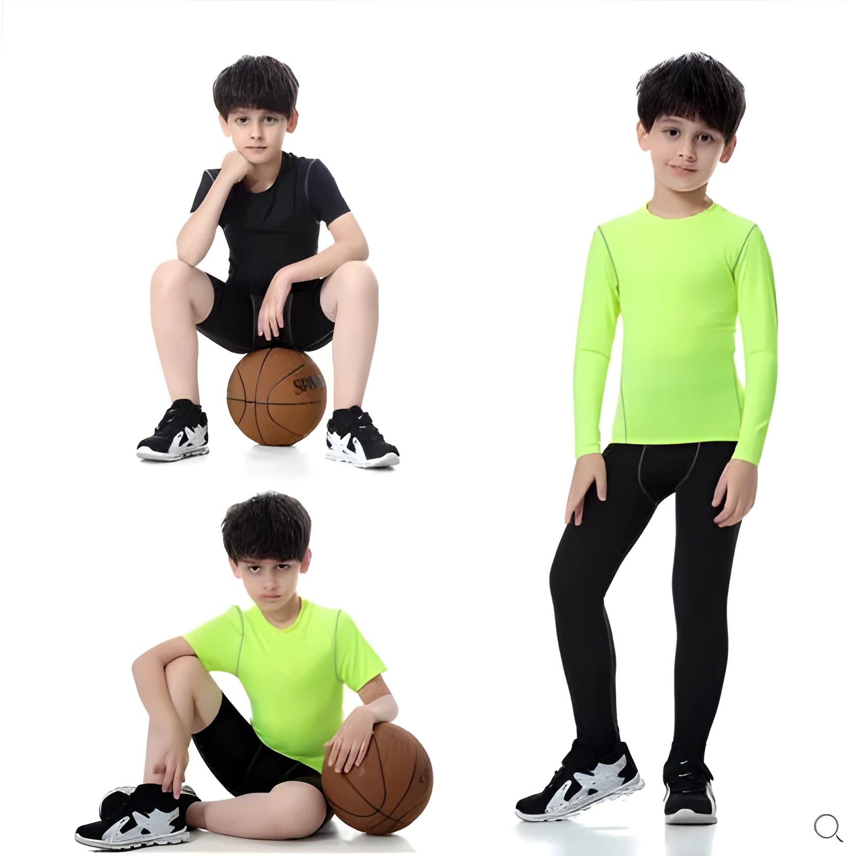 Children's black and green sportswear set showing T-shirt, trousers, and shorts on a size chart.